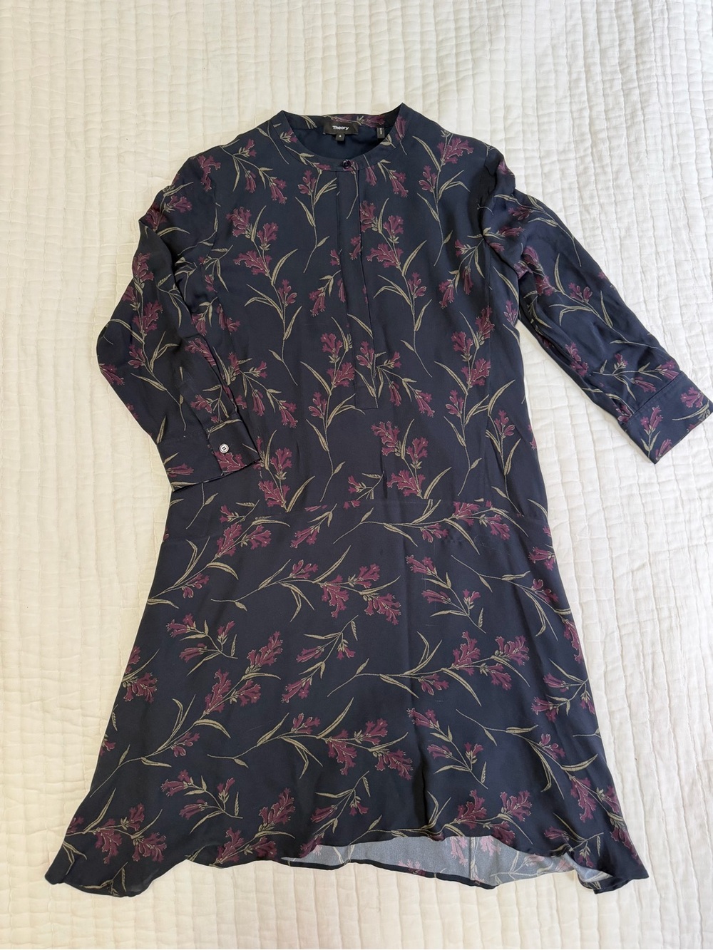 Theory Silk Navy Floral Long-Sleeve Shift Dress